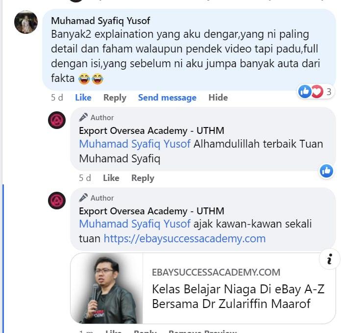 

Export Oversea Academy – UTHM, syarikat spin-off milik UTHM ini sudah melatih lebih 40,000 student dari dalam dan luar negara hingga kini untuk raih income dalam USD di eBay