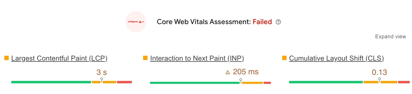 A failing Cumulative Layout Shift score of 0.13 