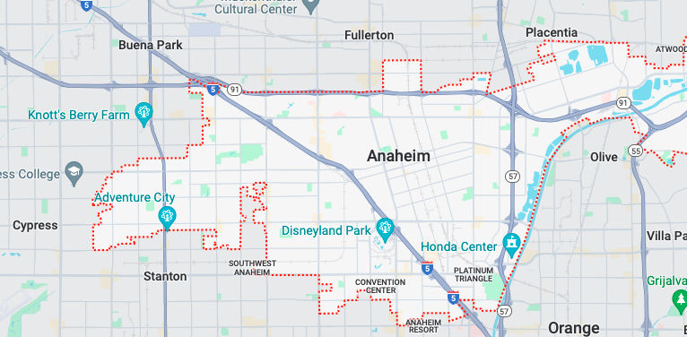A screen-shot of a Google Maps picture of the I-5 running through Anaheim, which is where the majority of Anaheim freeway accidents occur. 