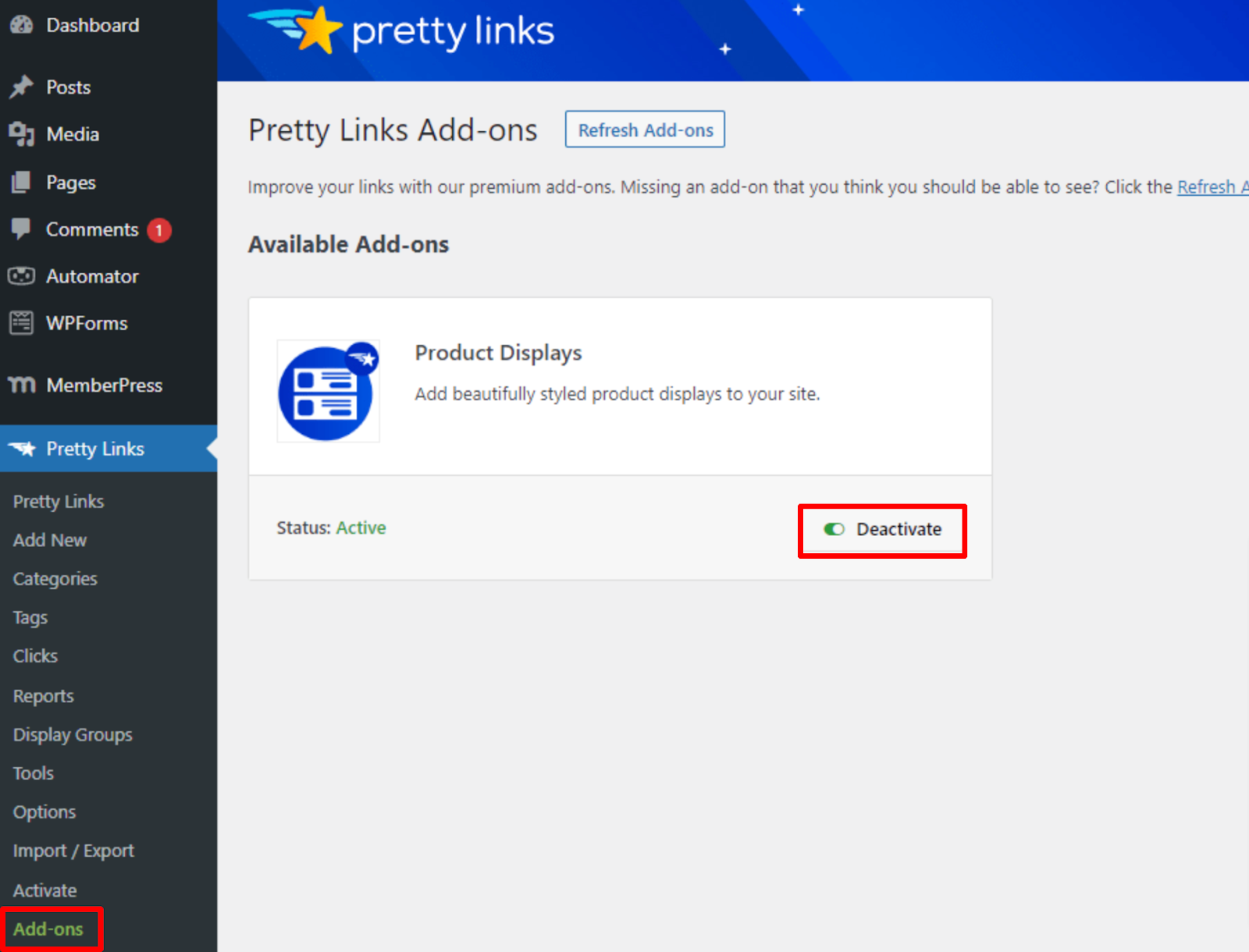 Enable the Pretty Links Product Display add-on 