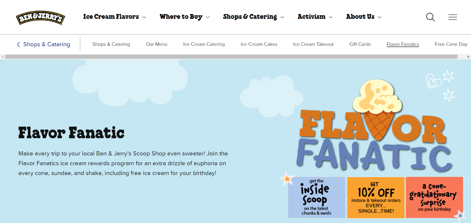 A screenshot of Ben & Jerry’s: Flavor Fanatics' website