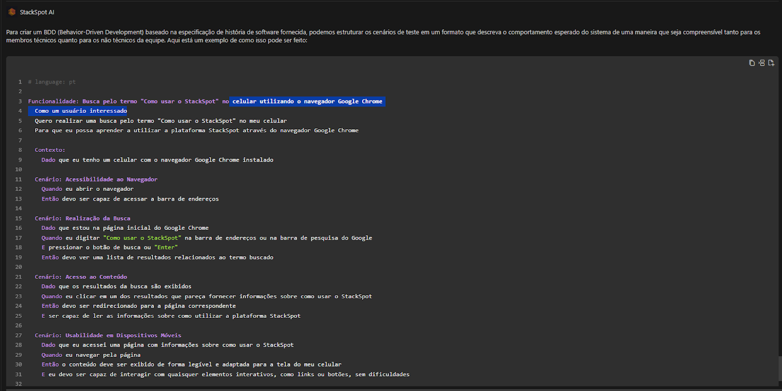Imagem do BDD criado pela StackSpot IA na tela do Plugin dentro do Visual Studio Code. 