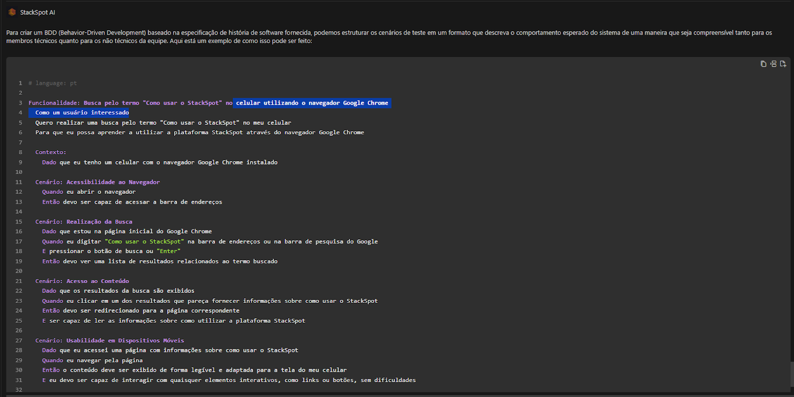 Imagem do Behavior-Driven Development criado pela StackSpot IA na tela do Plugin dentro do Visual Studio Code. 
