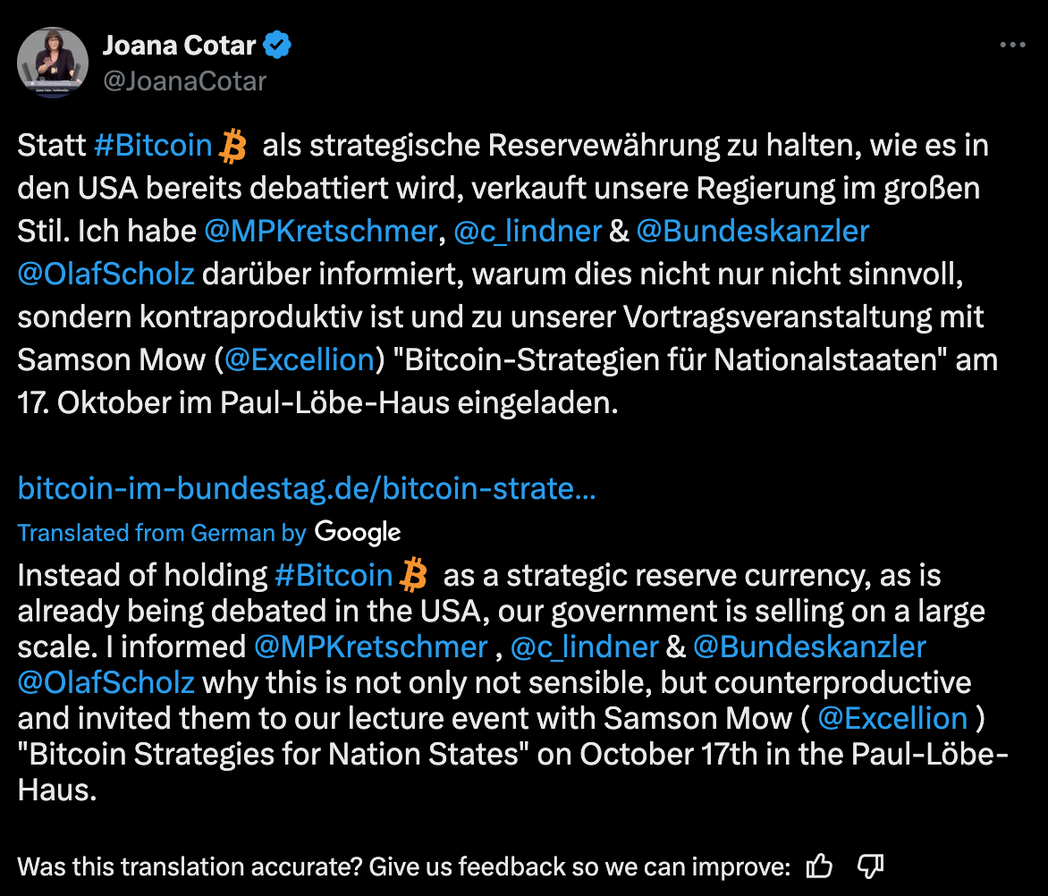 German Government Should HODL, Not Sell Bitcoin, Says German MP as $2.8 Billion is set to be Offloaded