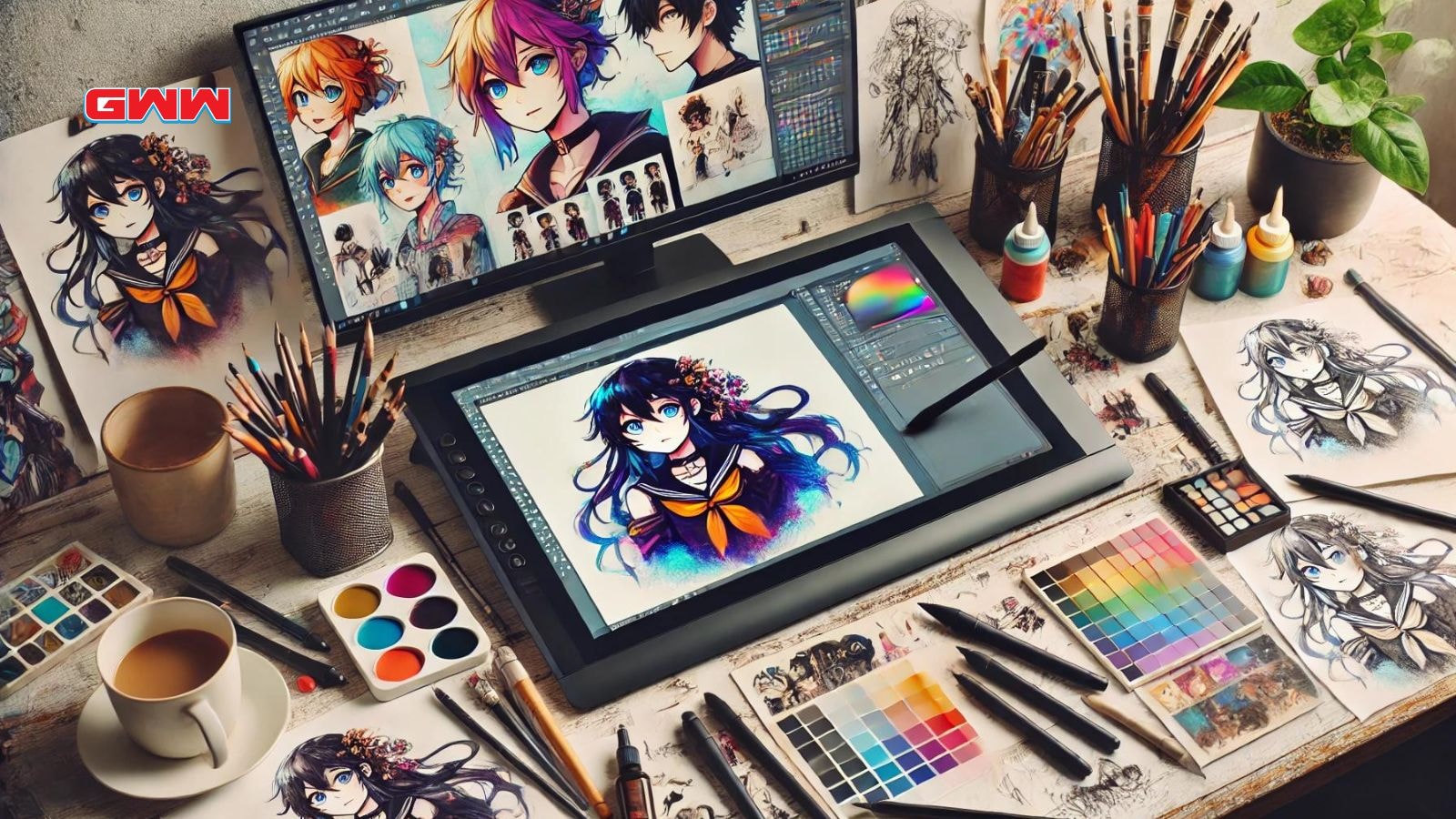 A creative and inspiring scene showing the process of creating an anime profile picture (PFP)