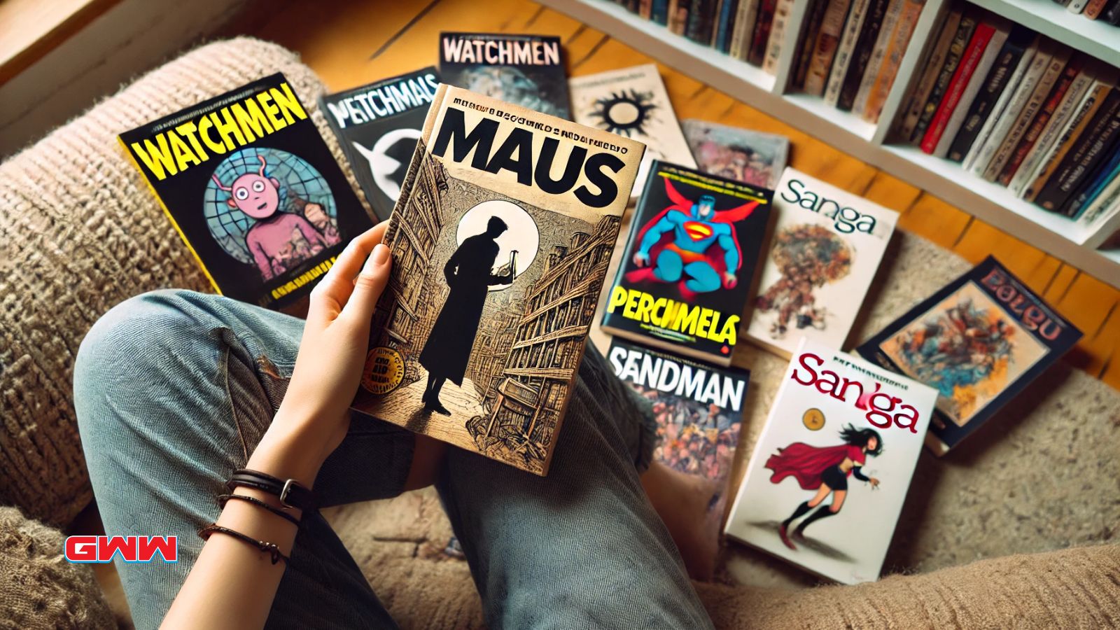 Person holding 'Maus' graphic novel with others, Graphic novels for adults