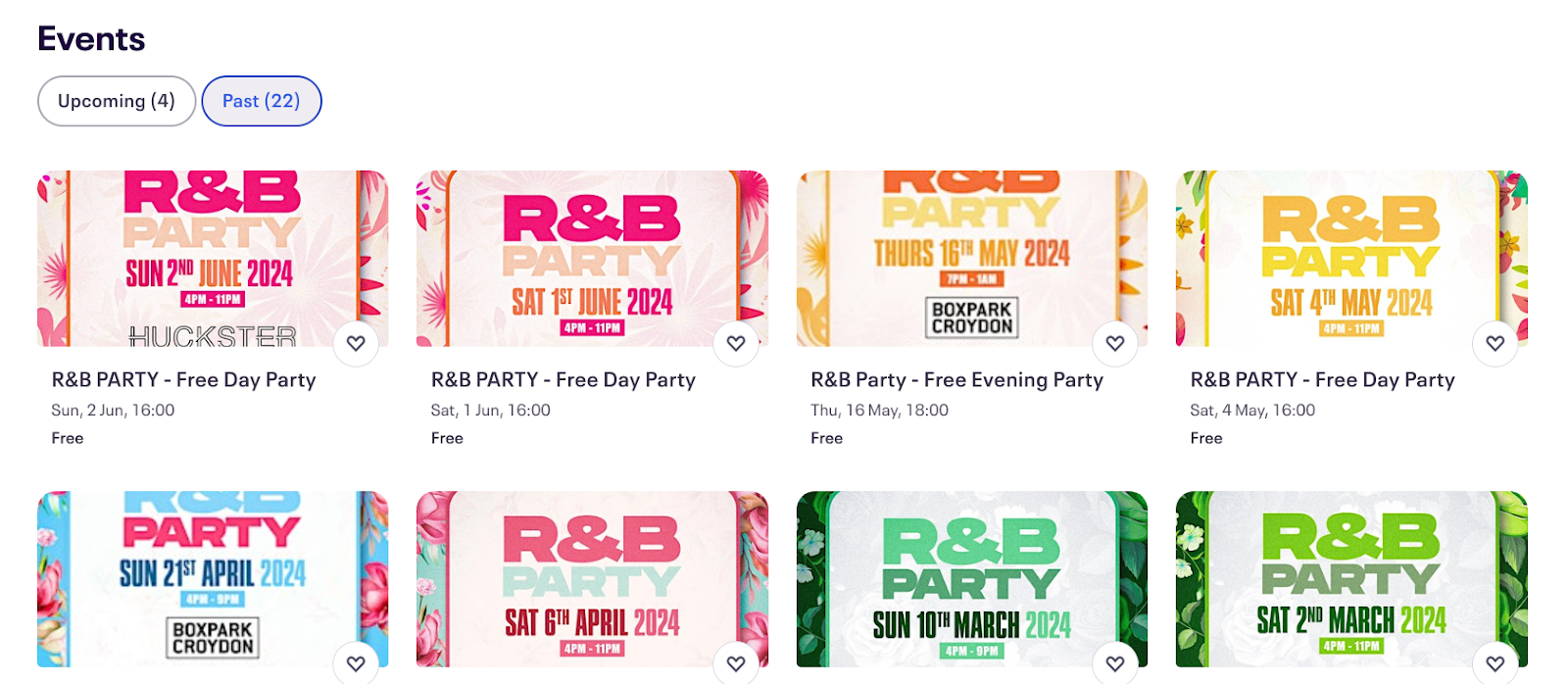 Screenshot of upcoming events on an Eventbrite page