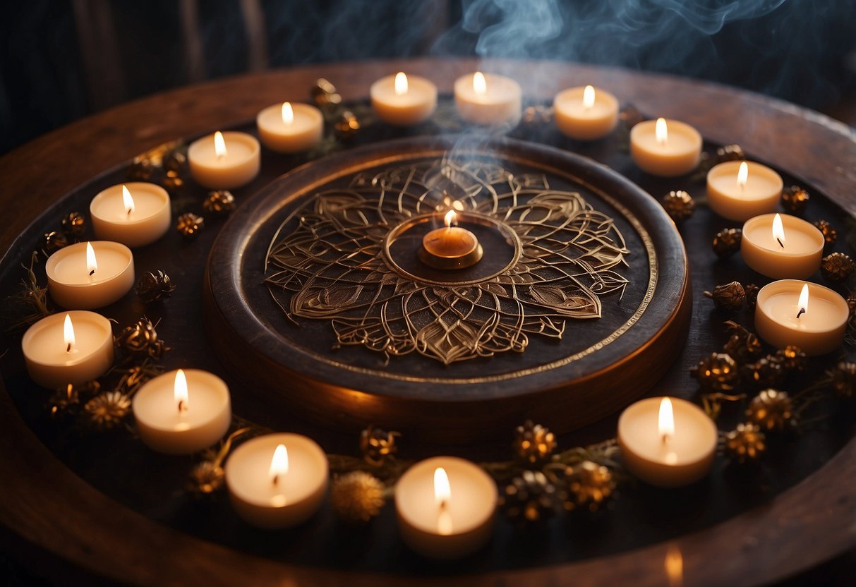 A Circle Of Candles Surrounds An Altar With Sacred Symbols. Incense Smoke Rises, As Mourners Bow In Prayer