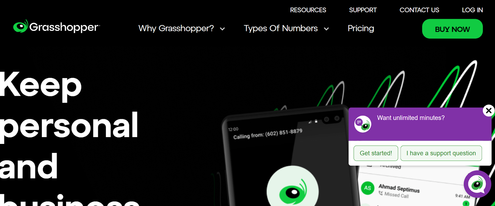 Grasshopper website snapshot highlighting the services it offers.