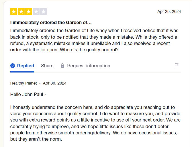 How to respond to negative customer reviews through a review platform like TrustPilot.