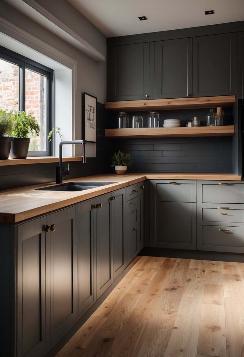 Gray cabinets line the walls, topped with butcher block countertops. Light spills in from large windows, casting a warm glow on the sleek surfaces