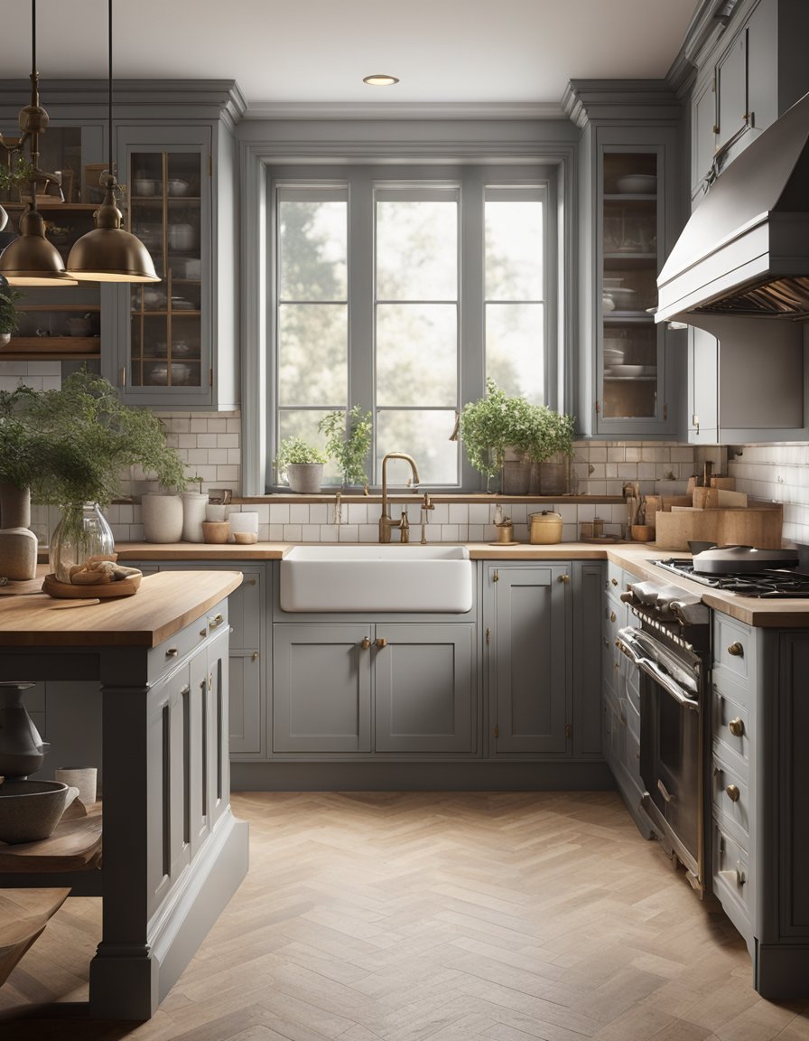 A cozy kitchen with light gray vintage-inspired cabinets, adorned with antique hardware and soft lighting