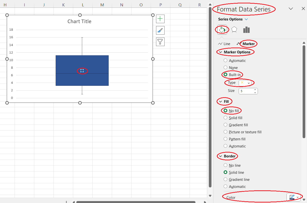 How to format the mean point for a box and whisker plot from scratch in Excel. Image by Author.