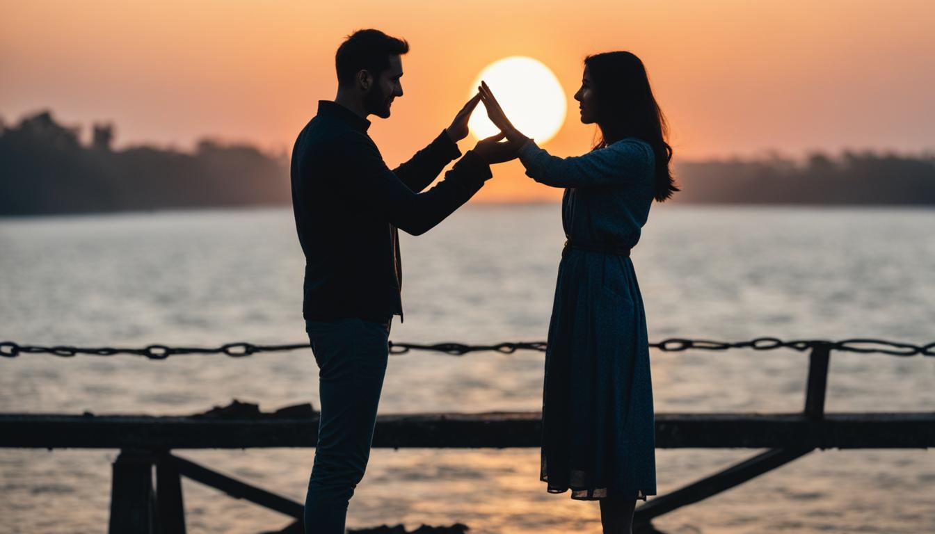 A blurred silhouette of a couple standing at opposite ends of a broken bridge, with a faint glow emanating from the center as if mending the broken pieces. The woman's hand is outstretched and the man is looking towards her with a hopeful expression. The setting sun is casting warm hues in the background, signifying a new beginning.