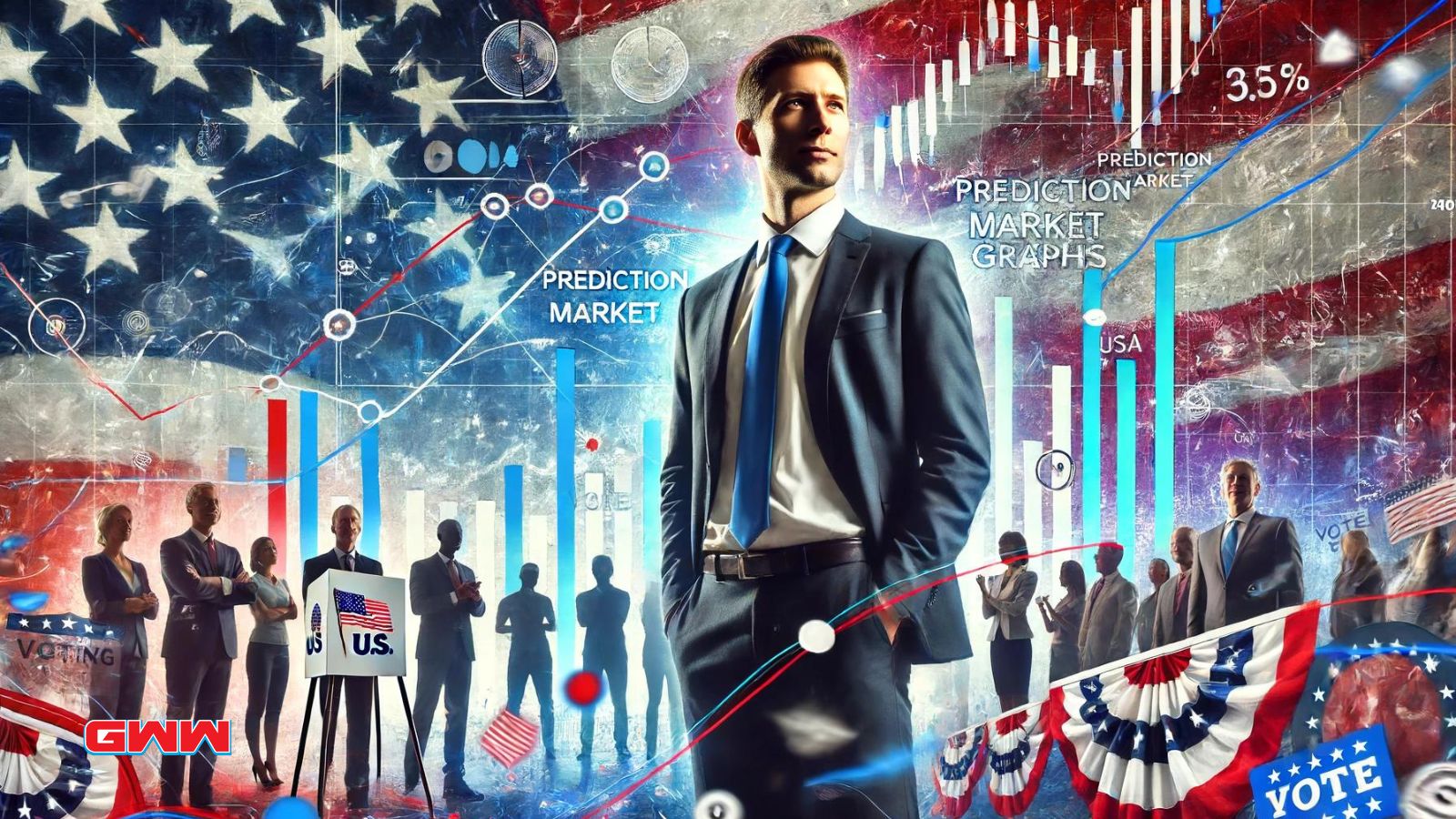 Businessman in front of USA flag with prediction market graphs and charts