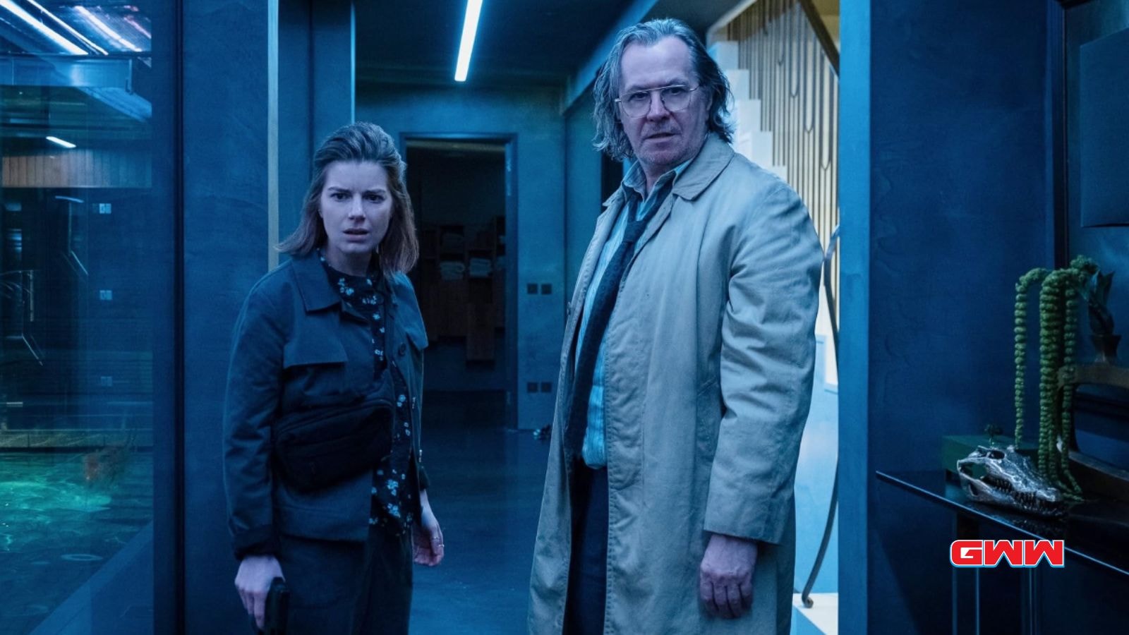 Gary Oldman and Aimee-Ffion Edwards looking serious and surprised, Slow Horses Season 4 cast