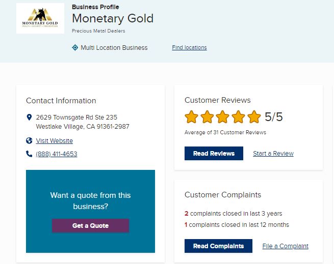 Monetary Gold complaints and reviews on BBB