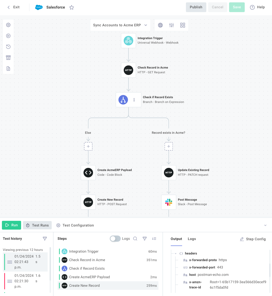 AcmeERP Fuel Integration diagram in Prismatic app