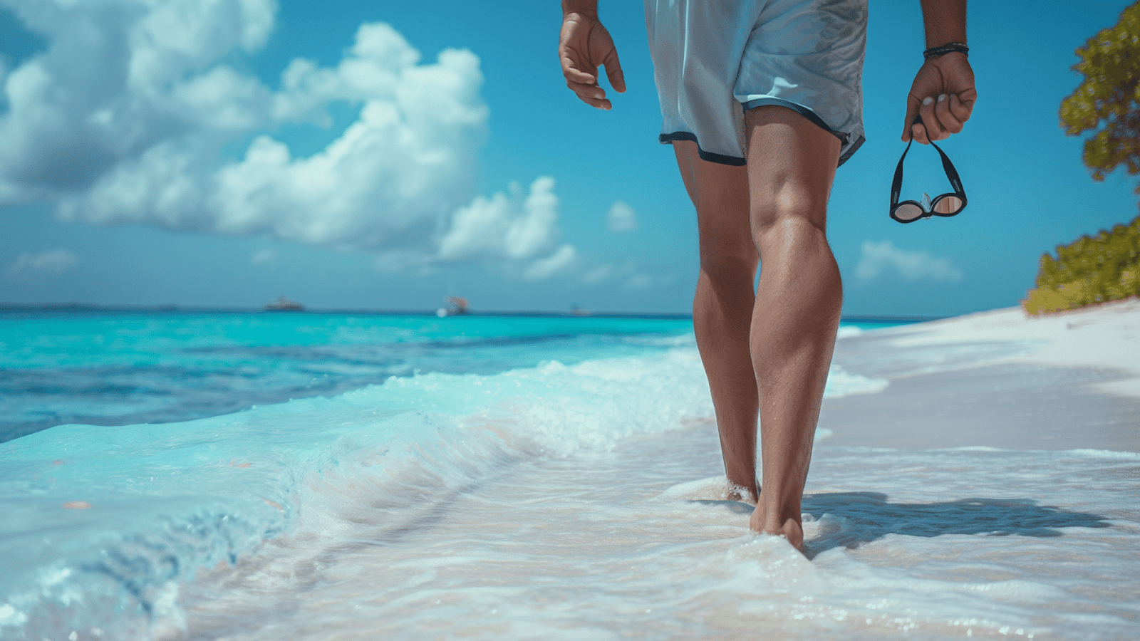 A man walking along the shore with goggles in hand at one of the serene places to go swimming in the Maldives