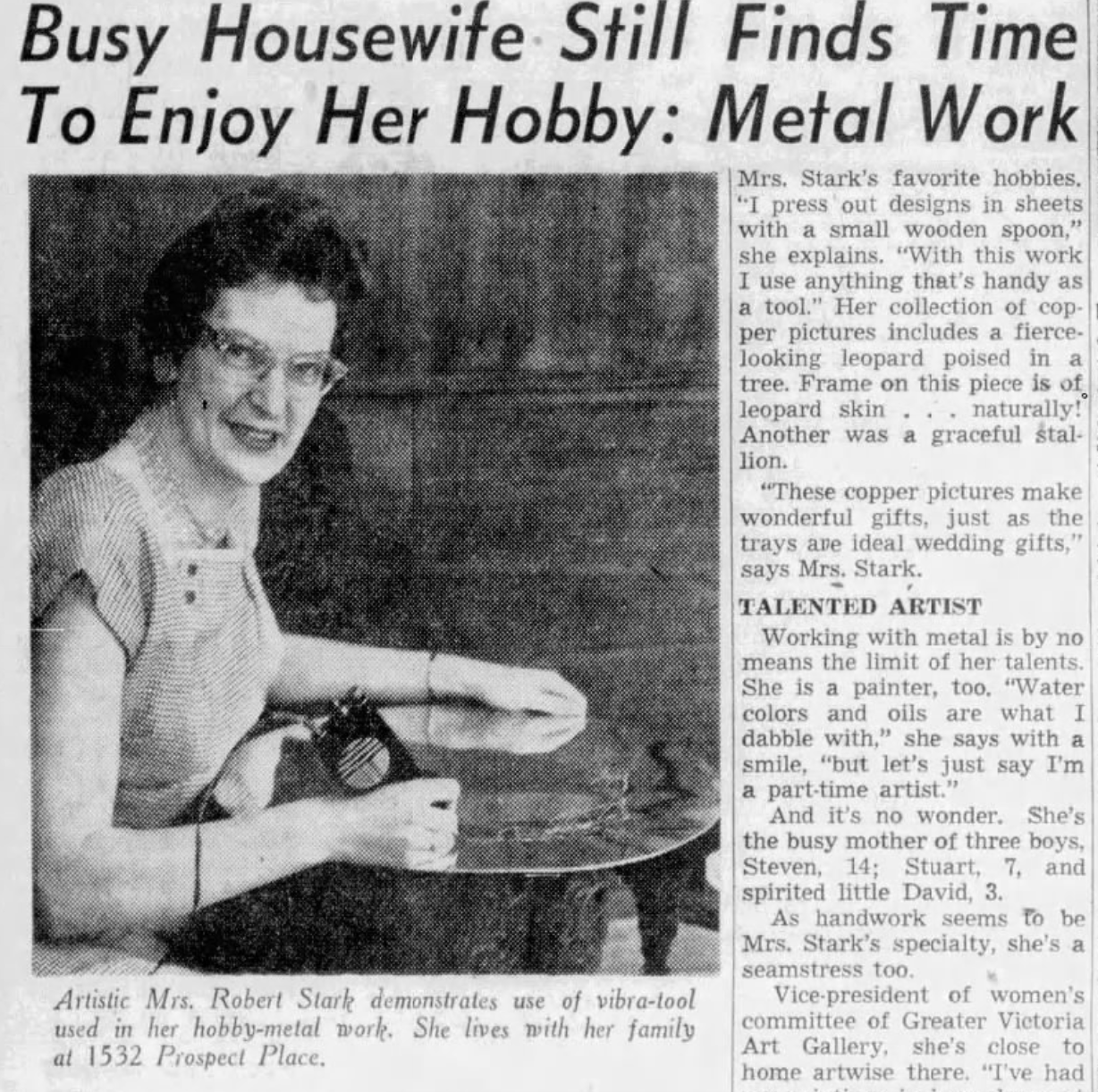 "Busy Housewife Still Finds Time To Enjoy Her Hobby: Metal Work"