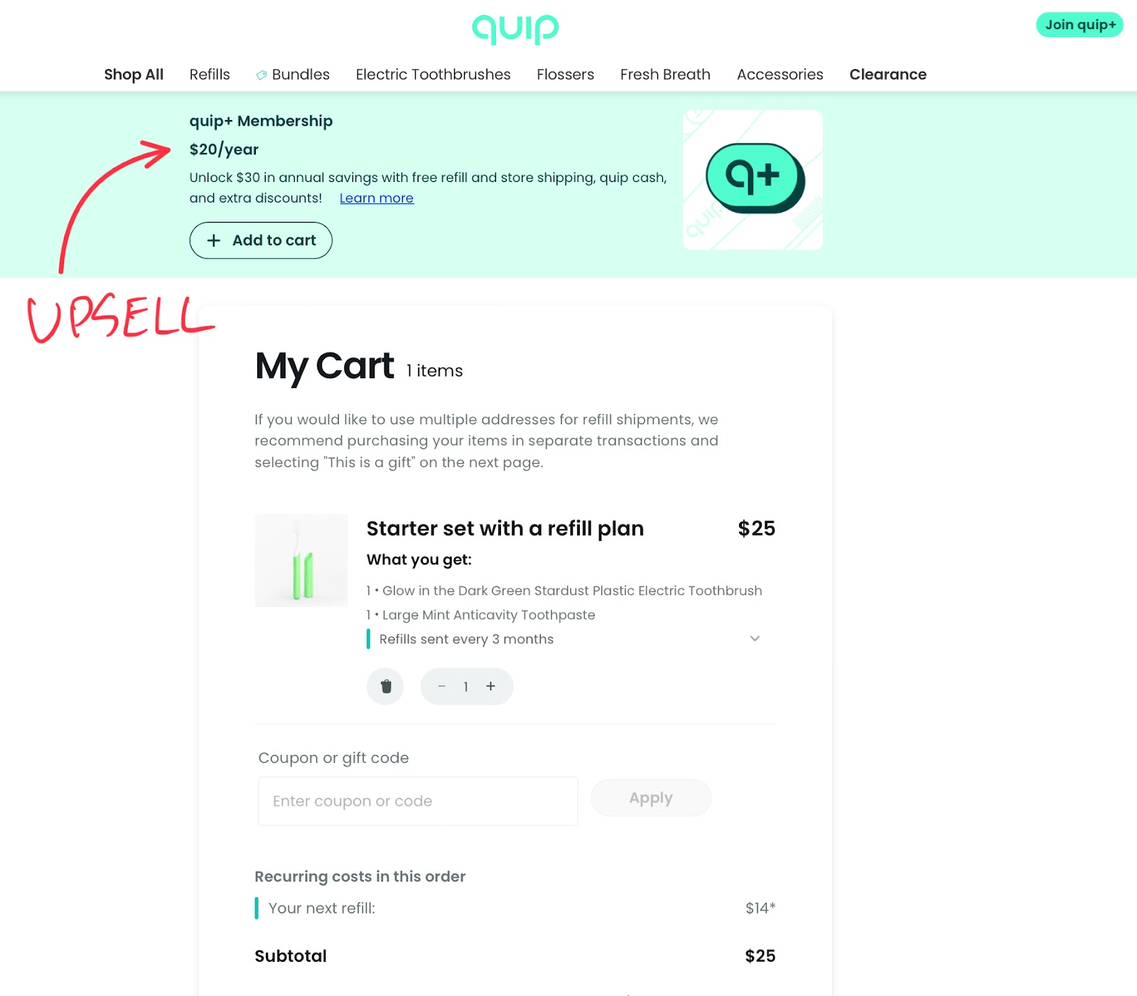 Quip ecommerce cart landing page screenshot