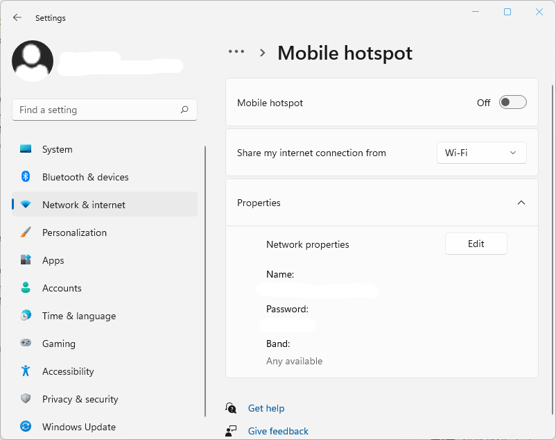 Uno screenshot del menu Hotspot Mobile nelle impostazioni di Rete & internet di Windows