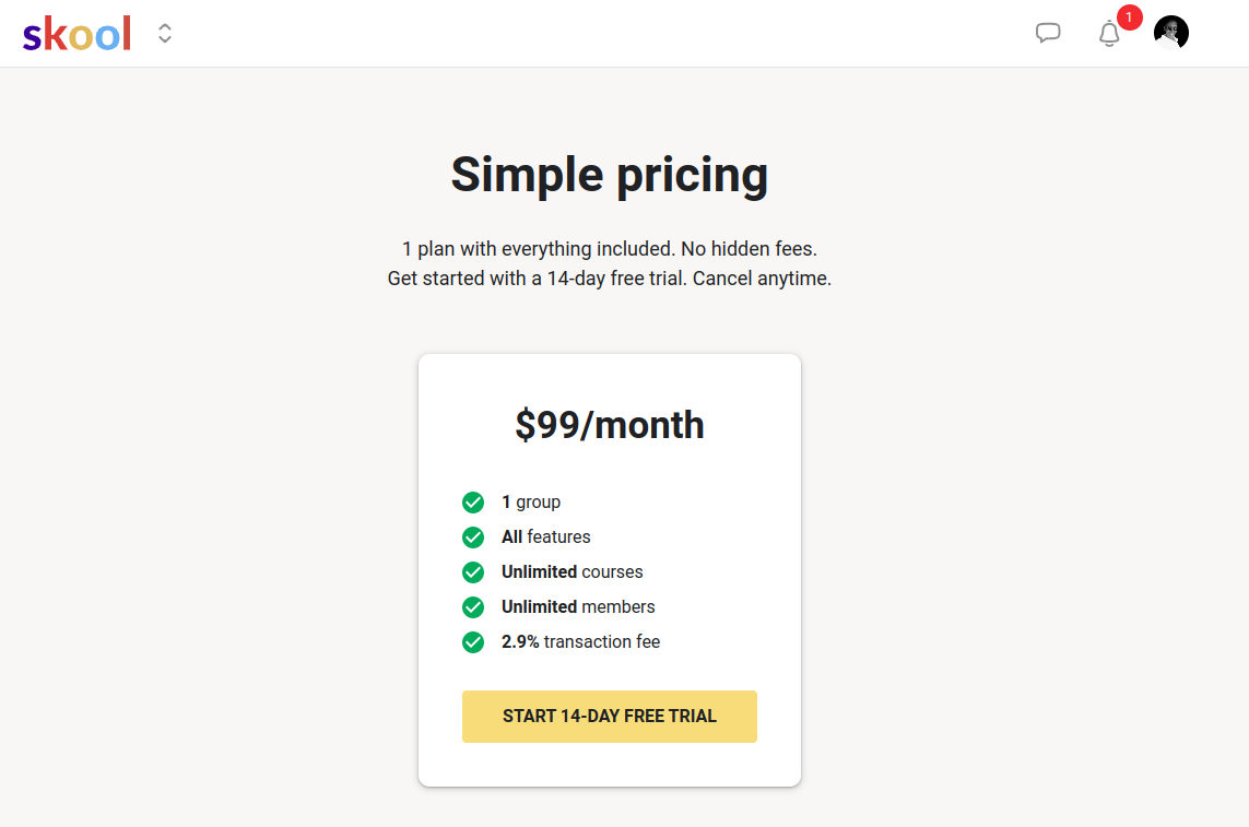 Skool Pricing page