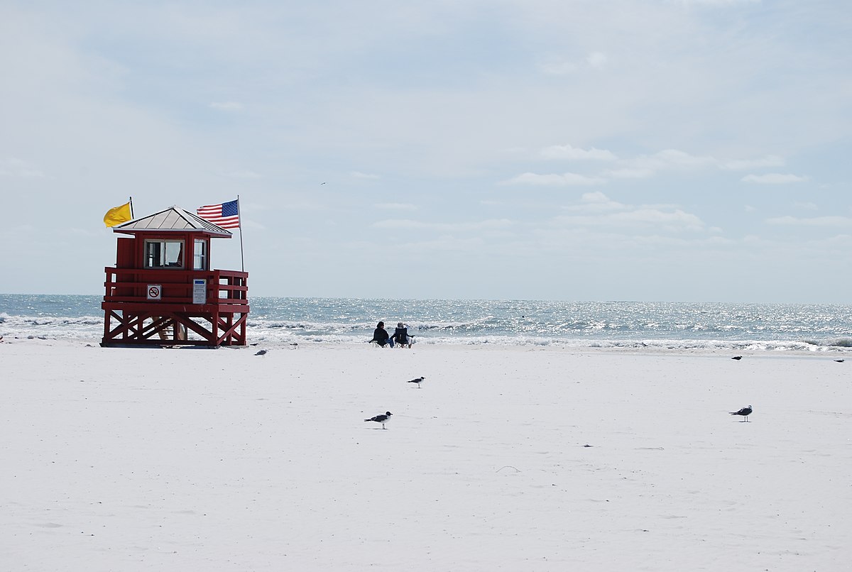 White sand beach, with a lifeguard tower, birds and an American flag.
