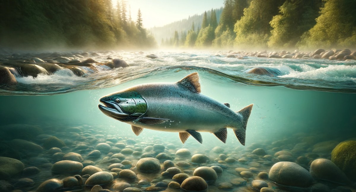 Chinook salmon swimming in a river surrounded by lush riverbank vegetation and clear water reflections