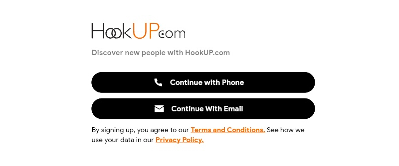 Registration screen and options for the dating site Hookup.com