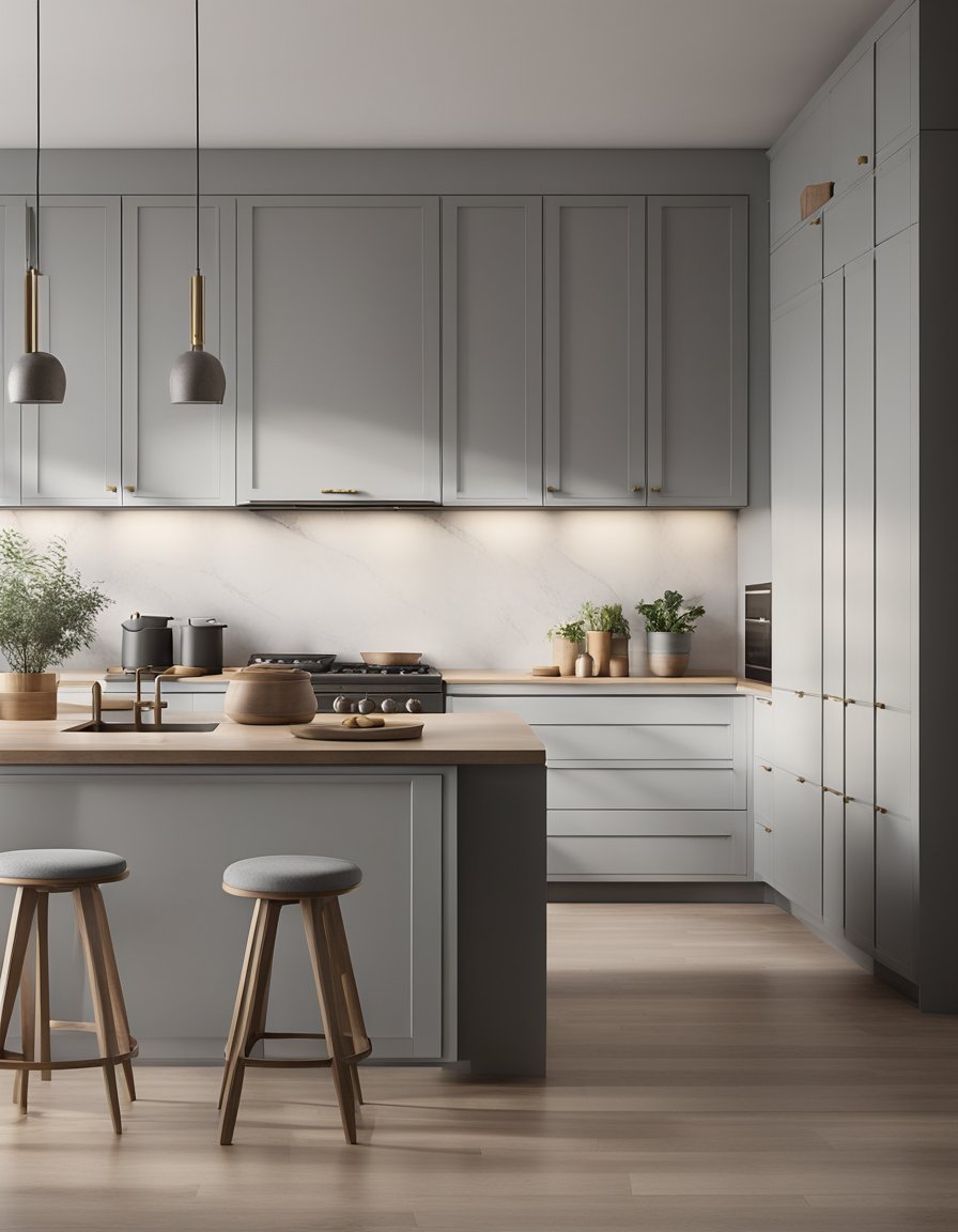 The light gray cabinets stand tall, their textured surface catching the light, creating a sense of depth and dimension in the kitchen space