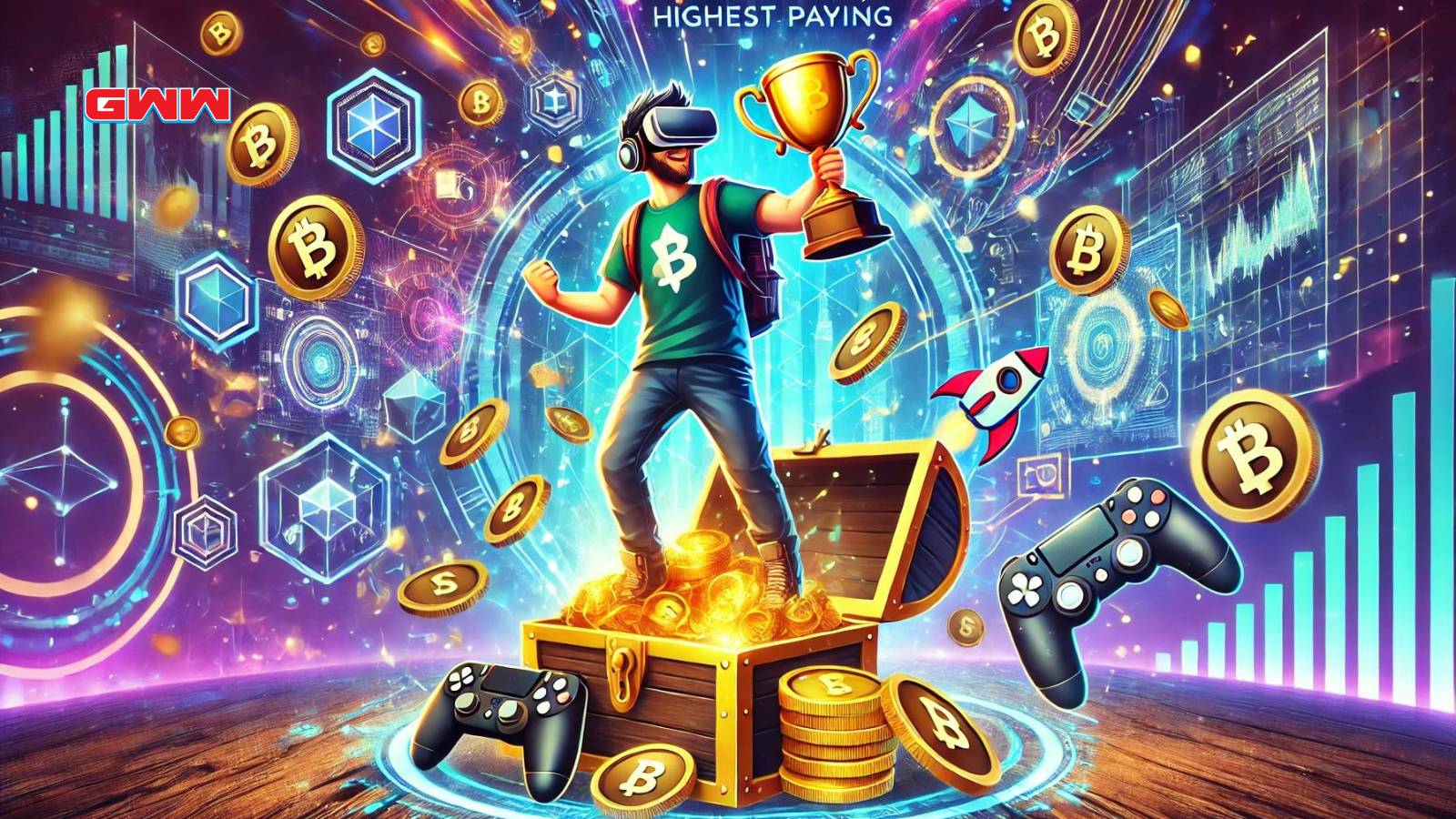 A dynamic and engaging digital illustration depicting the concept of the highest paying play-to-earn game.