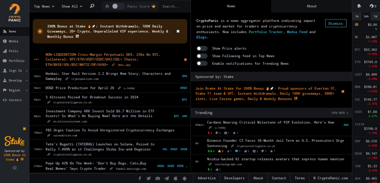 CryptoPanic homepage