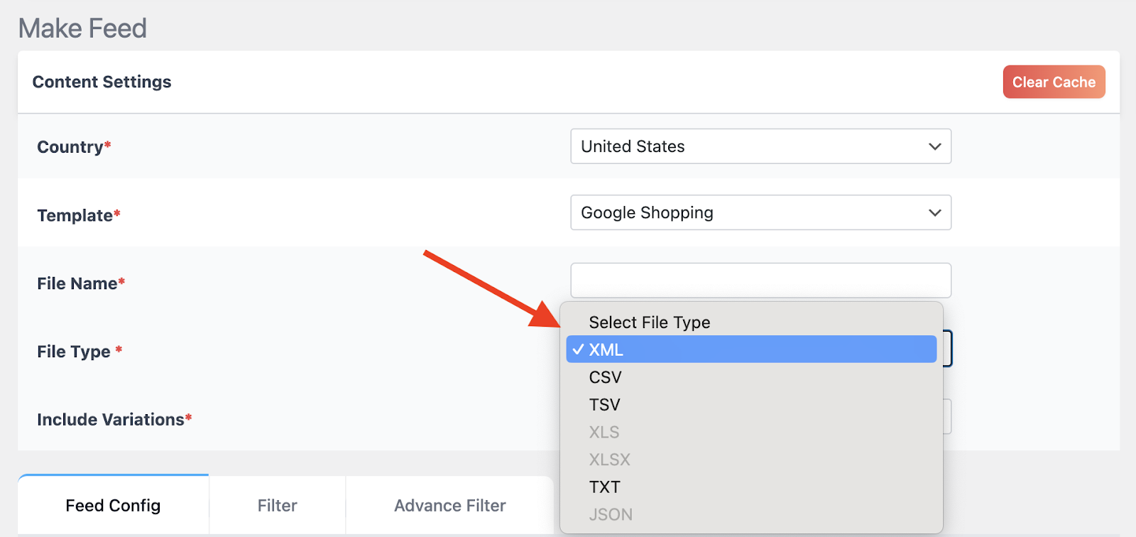 Select feed file type "xml product feed"