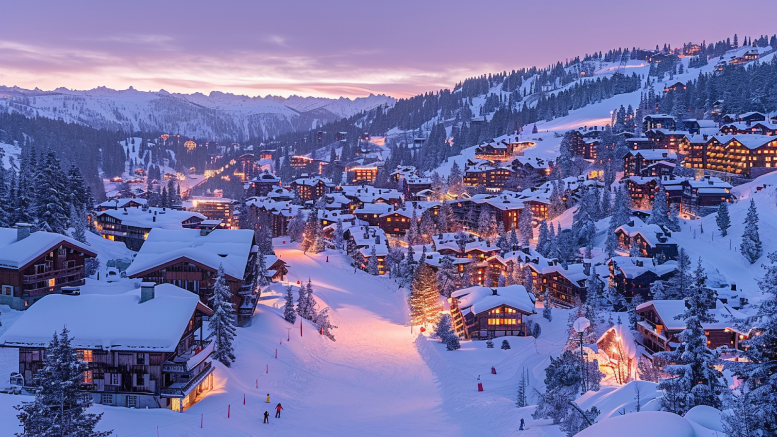 An aerial shot of Courchevel, France showing snow-covered trees and houses