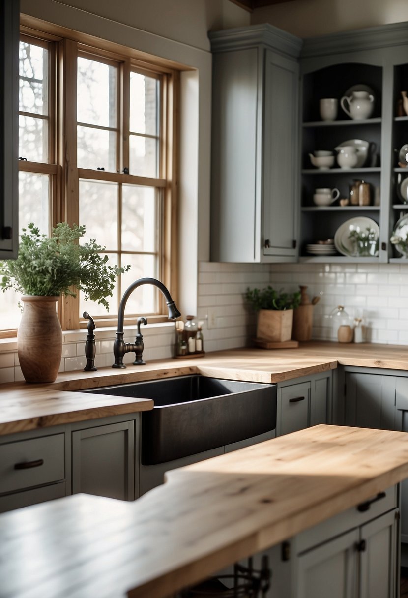 A farmhouse kitchen with 35 gray cabinets, rustic hardware, and a farmhouse sink. Light streams in through the windows, illuminating the cozy space