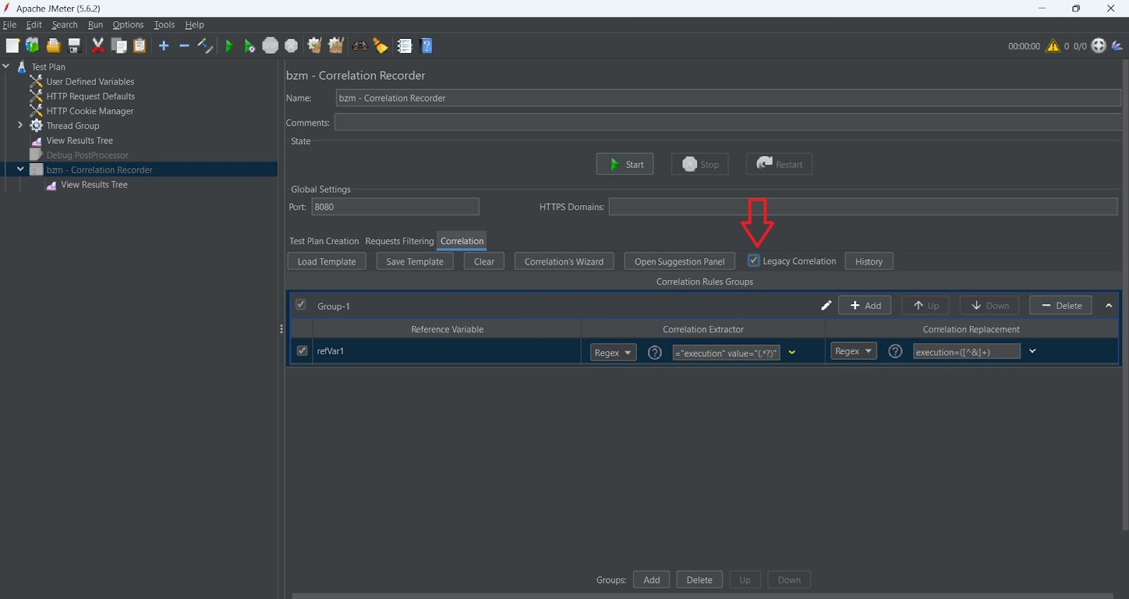 Vista de la configuración de reglas y el modo Legacy habilitado antes de hacer una segunda grabación para correlacionar un flujo de ejemplo