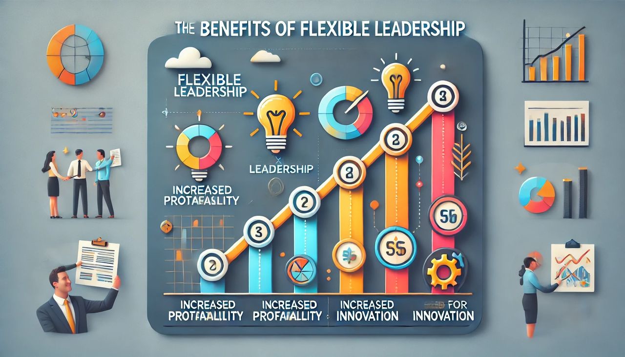 "Infográfico detalhando os benefícios da liderança flexível, incluindo maior lucratividade, inovação aprimorada, engajamento dos funcionários e melhor tomada de decisões."