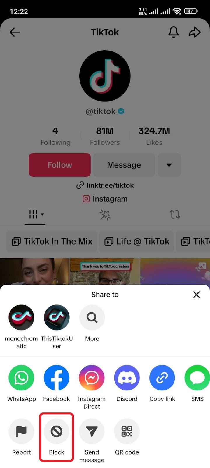 Mobile screenshot of when the share button is pressed on tiktok and a share menu appears, with an option to block the tiktok account being viewed.