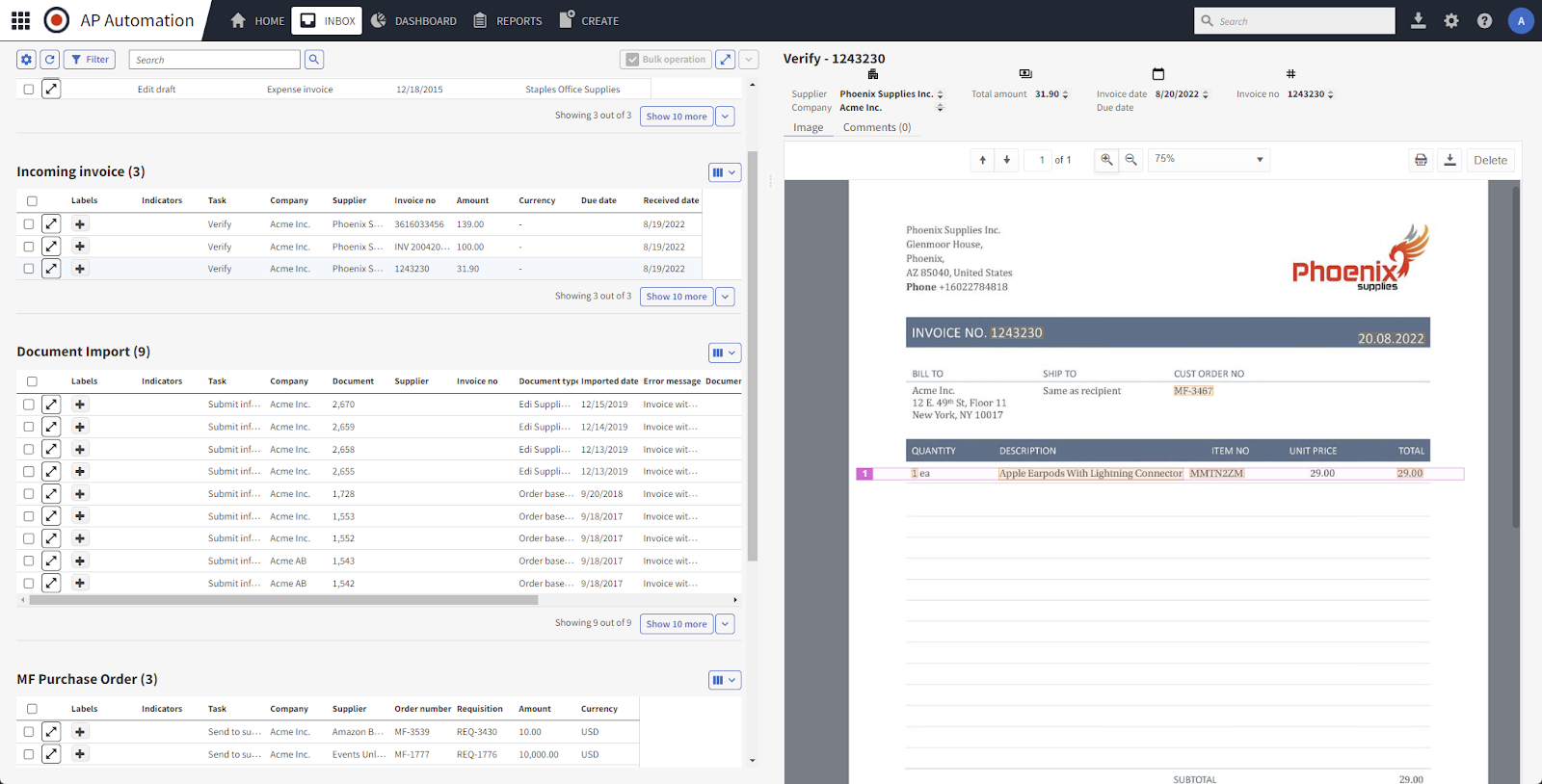 Medius AP Automation software interface displaying invoice inbox