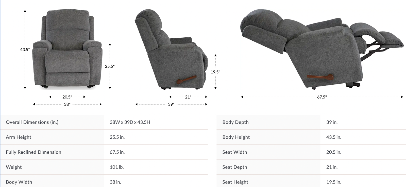 dorian wall recliner dimensions