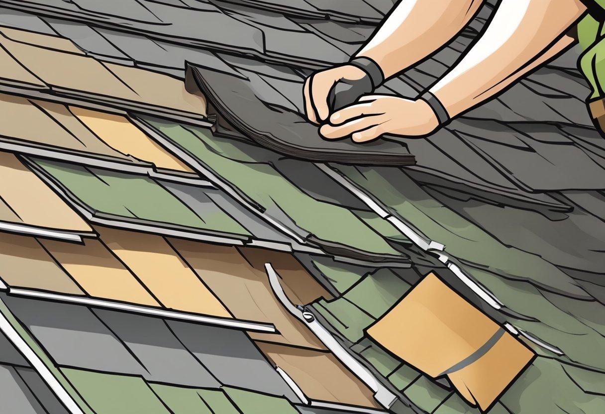 A roofer carefully removes old shingles before installing new roofing overlay with advanced considerations