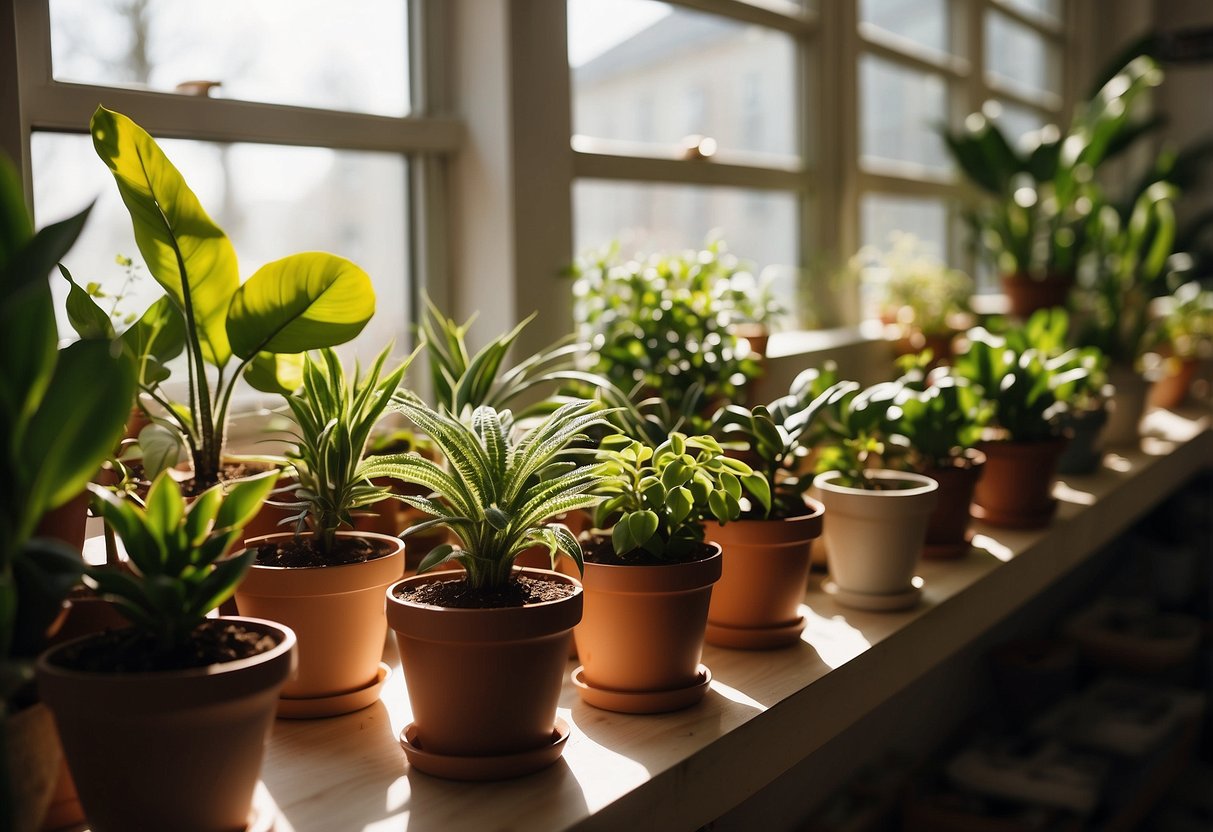 A variety of houseplants sit on shelves, basking in the sunlight streaming through the window. Each plant is carefully labeled with care instructions, creating a welcoming and nurturing environment for plant enthusiasts