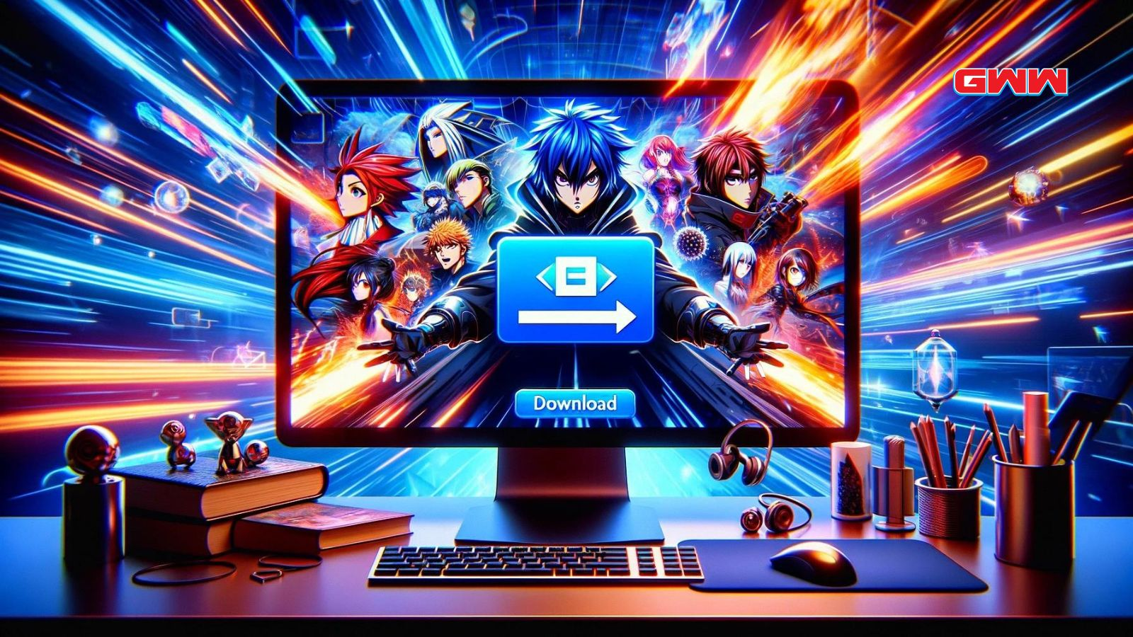 A vibrant and dynamic widescreen image showcasing the concept of the best downloader for 9anime.