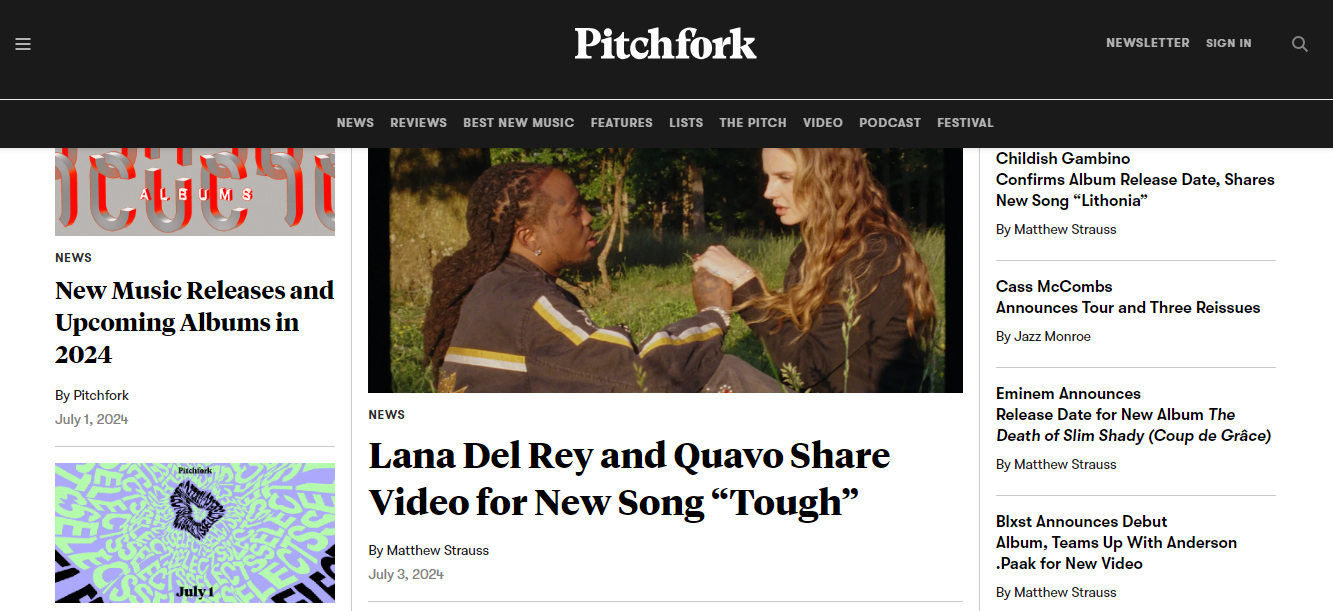 Pitchfork - a good example of a blog website