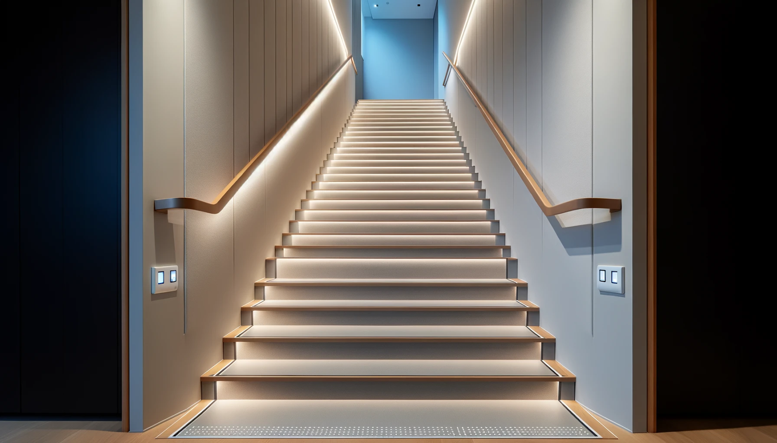 a staircase with a light on the wall