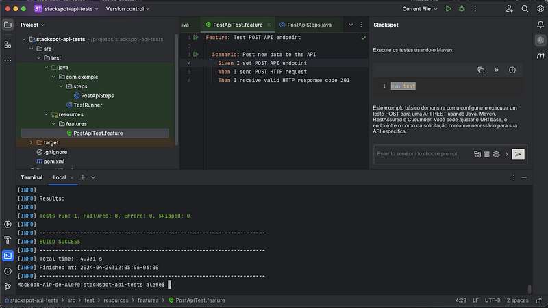 IDE IntelliJ após execução dos testes, onde na foto aberta temos a IDE,  com o arquivo "PostApiTest.feature" com um cenário de teste criado "Post new data to the API" que geramos pela StackSpot AI, adicionamos no projeto e fizemos execução, sendo realizada com sucesso.