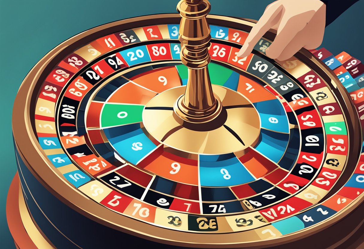 A spinning roulette wheel and a hand picking lottery numbers, representing the debate between online casinos and online lotteries