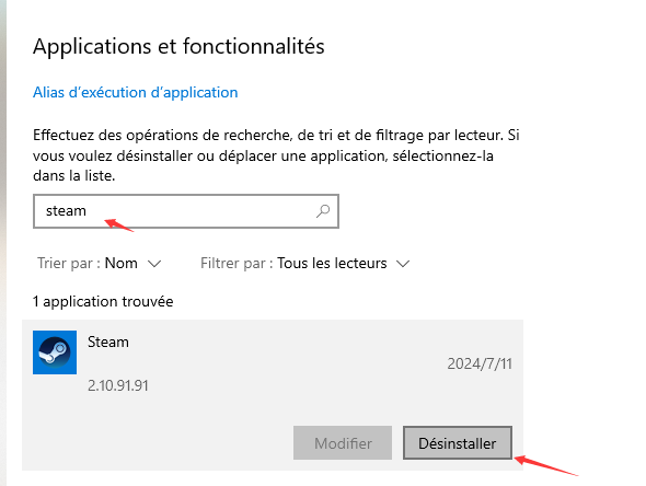Rechercher Steam dans la list de logiciels installés