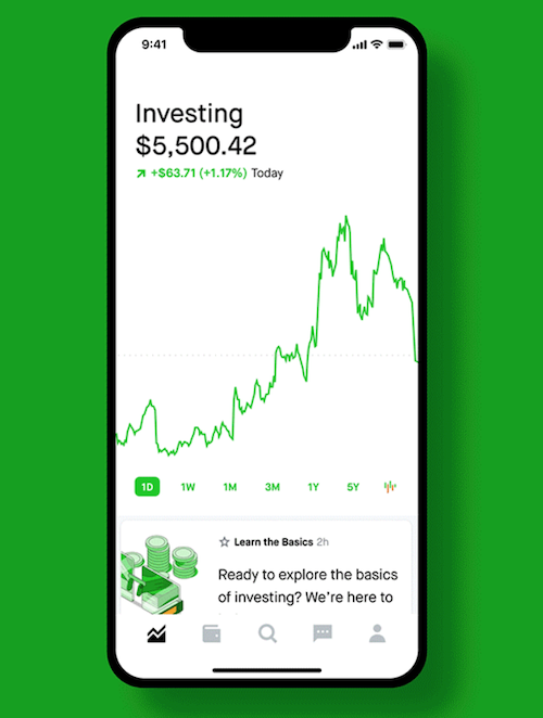 The Robinhood app showing portfolio performance over time. 